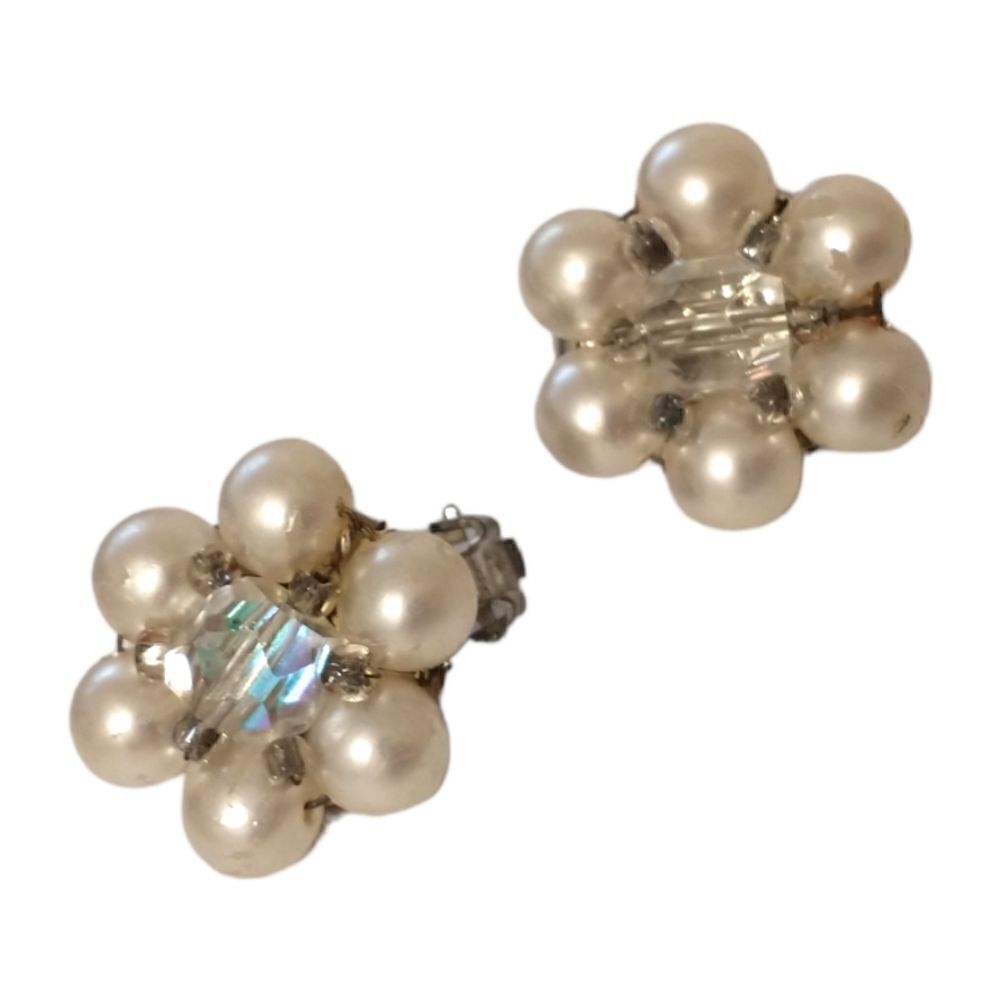 ‎AB Crystal Cluster Earrings Bead JAPAN Faux Pearl Clip-On MCM Aurora Borealis.